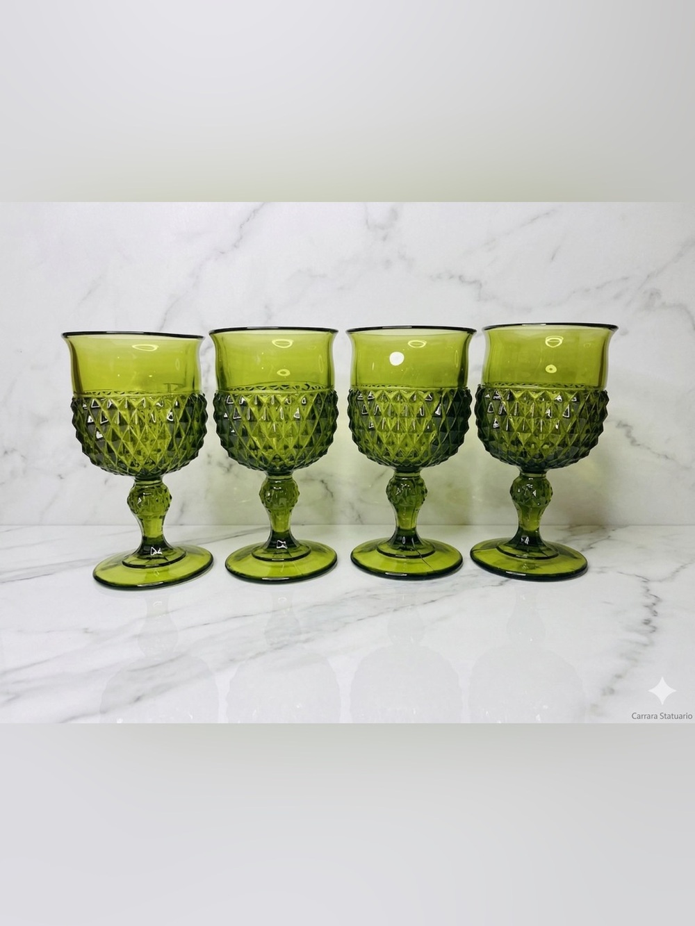 Set of 4 Vintage Green Diamond Point Goblets 6.5” Pressed Glass Wine Water